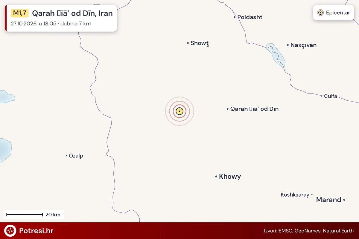 Karta: šire područje i vjerojatni doseg osjeta, potres M1,7, Qarah Ẕīā’ od Dīn, Iran, 27.10.2026.