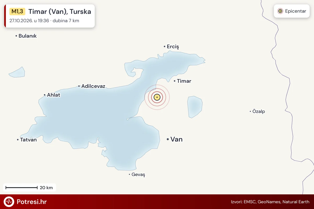 Karta: šire područje i vjerojatni doseg osjeta, potres M1,3, Timar (Van), Turska, 27.10.2026.