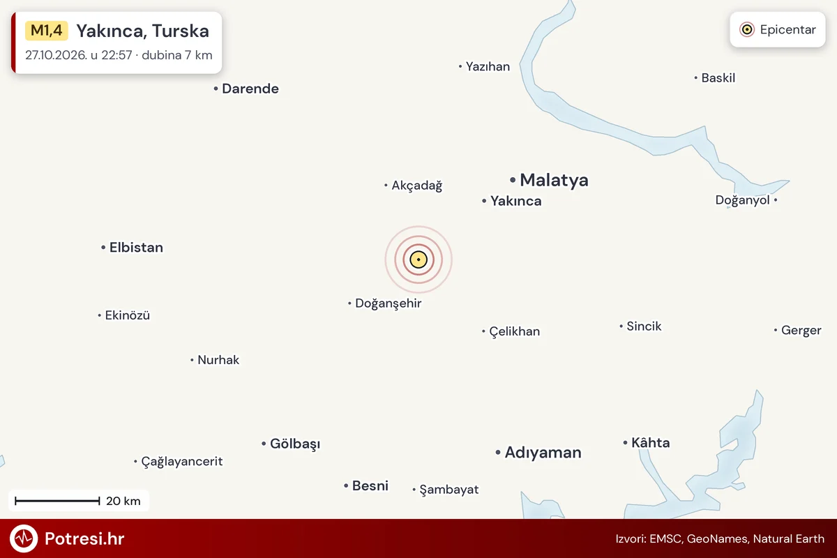 Karta: šire područje i vjerojatni doseg osjeta, potres M1,4, Yakınca, Turska, 27.10.2026.