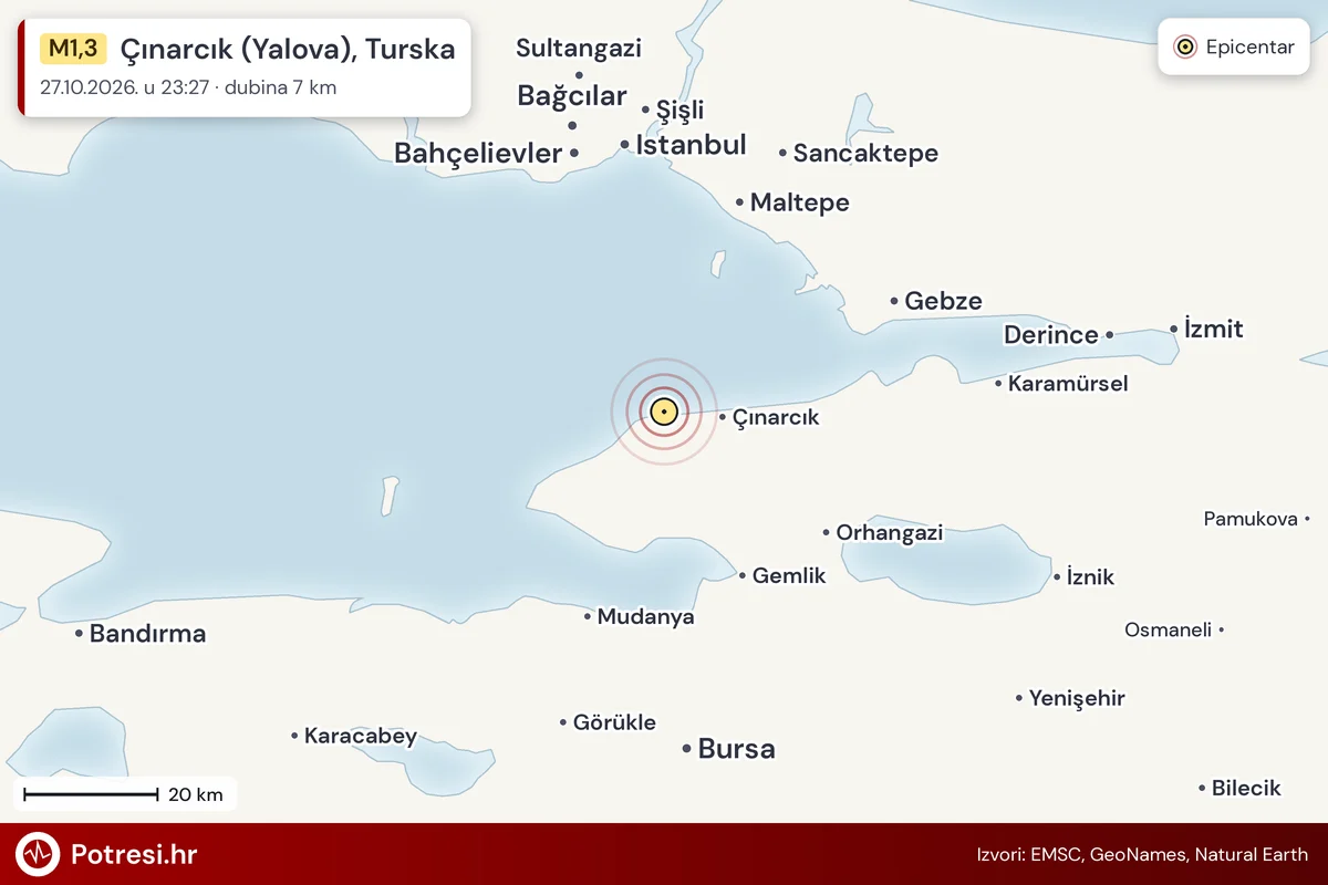 Karta: šire područje i vjerojatni doseg osjeta, potres M1,3, Çınarcık (Yalova), Turska, 27.10.2026.