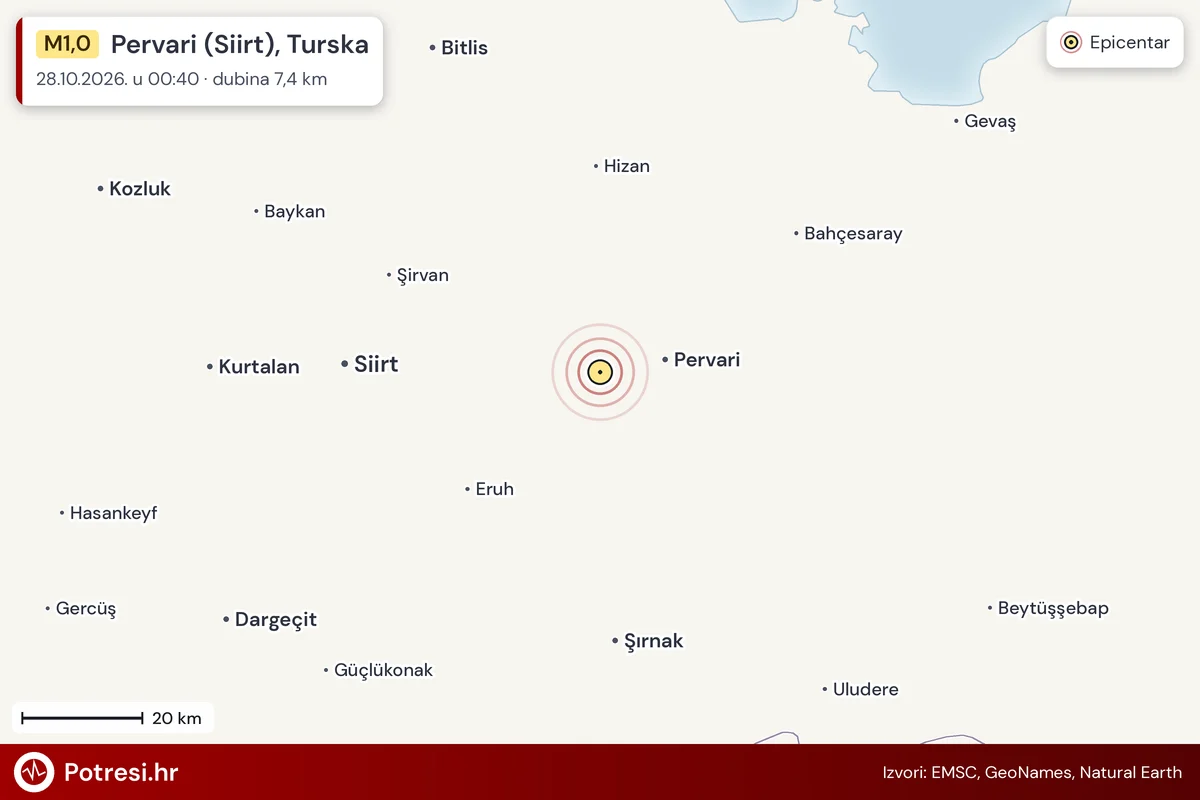 Karta: šire područje i vjerojatni doseg osjeta, potres M1,0, Pervari (Siirt), Turska, 28.10.2026.