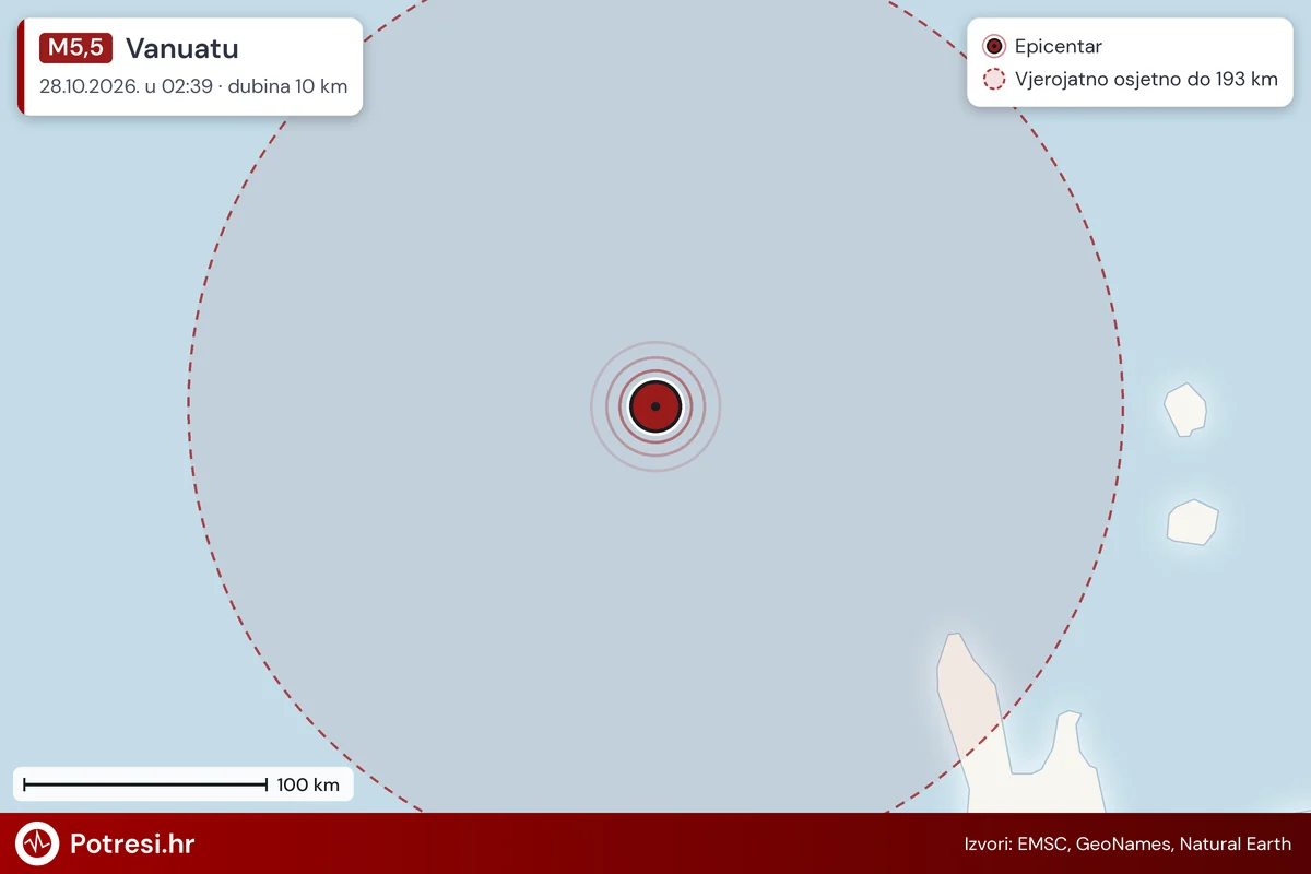 Karta: šire područje i vjerojatni doseg osjeta, potres M5,5, Vanuatu, 28.10.2026.