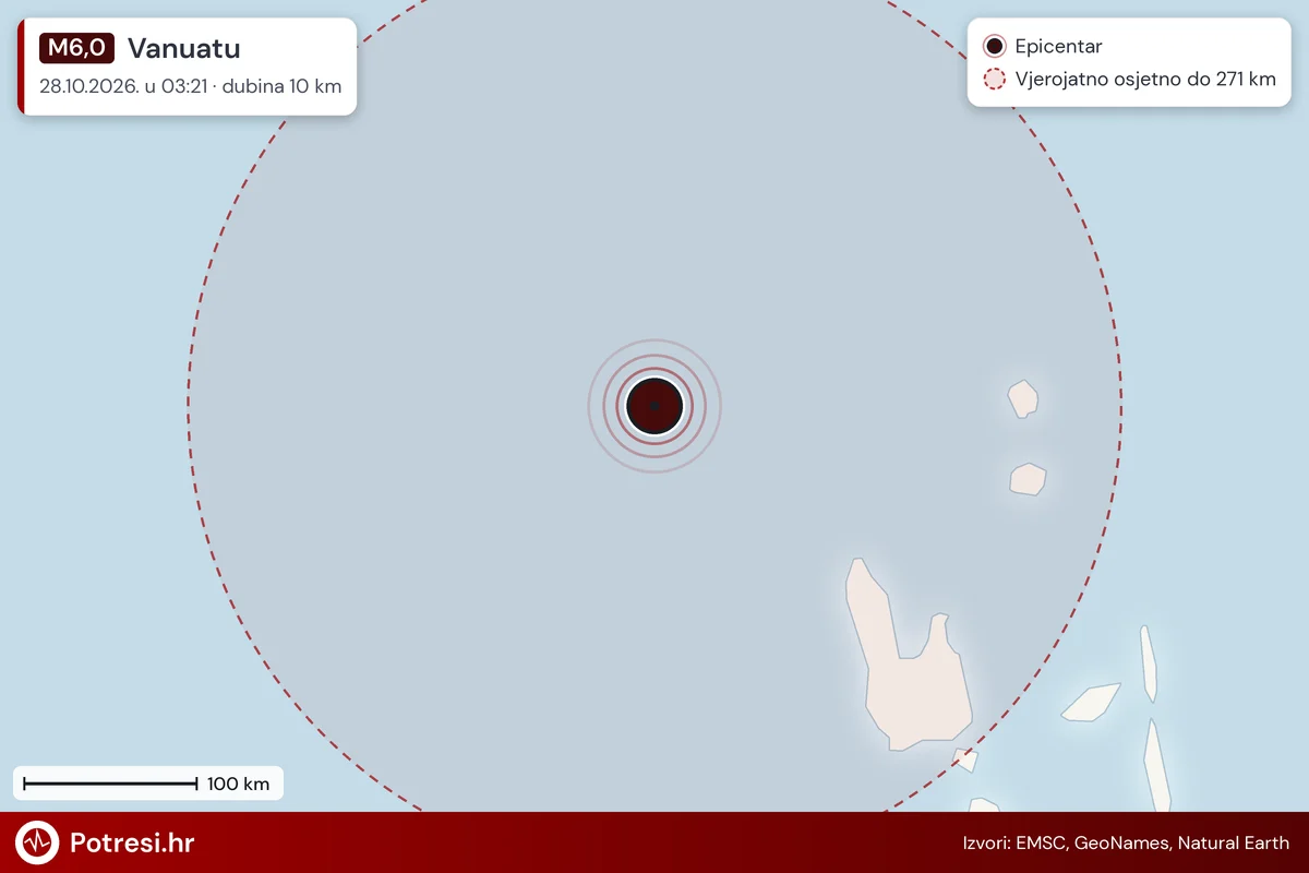 Karta: šire područje i vjerojatni doseg osjeta, potres M6,0, Vanuatu, 28.10.2026.