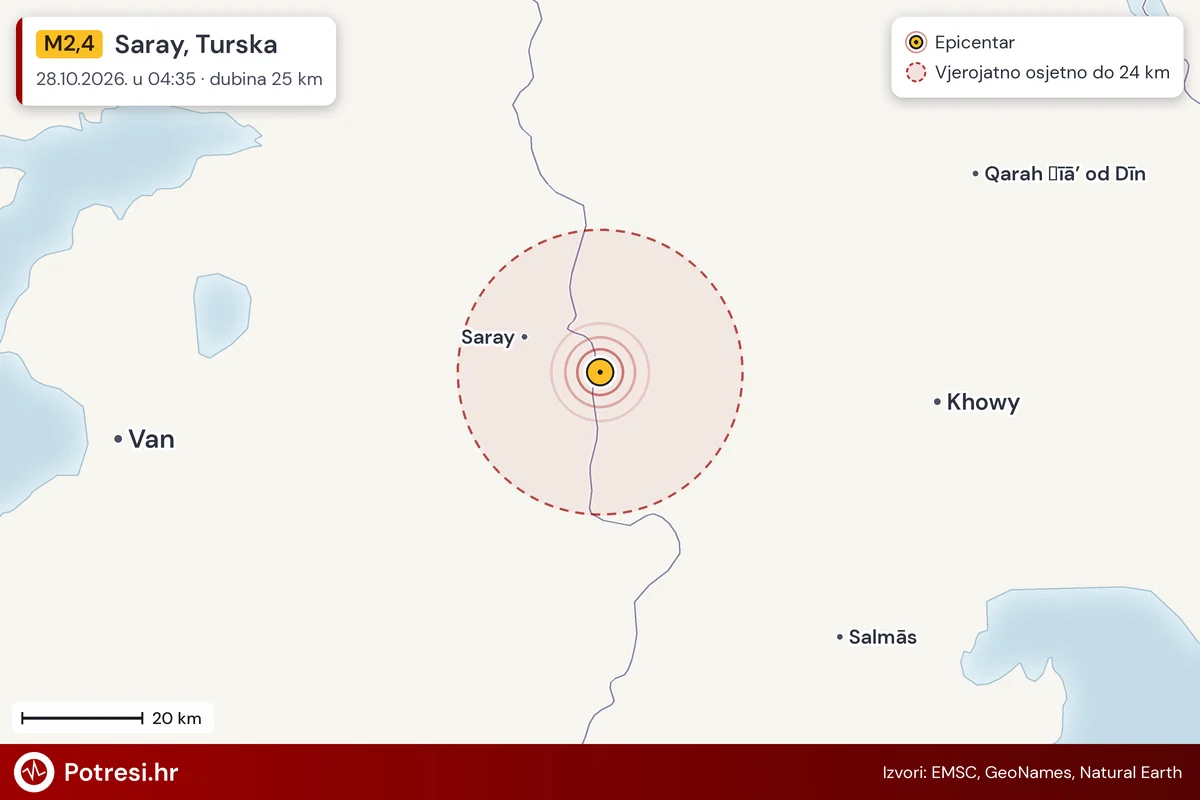 Karta: šire područje i vjerojatni doseg osjeta, potres M2,4, Saray, Turska, 28.10.2026.