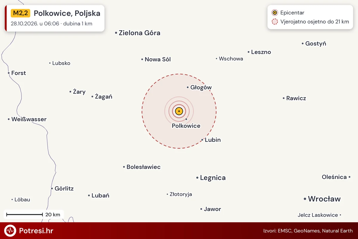 Karta: šire područje i vjerojatni doseg osjeta, potres M2,2, Polkowice, Poljska, 28.10.2026.