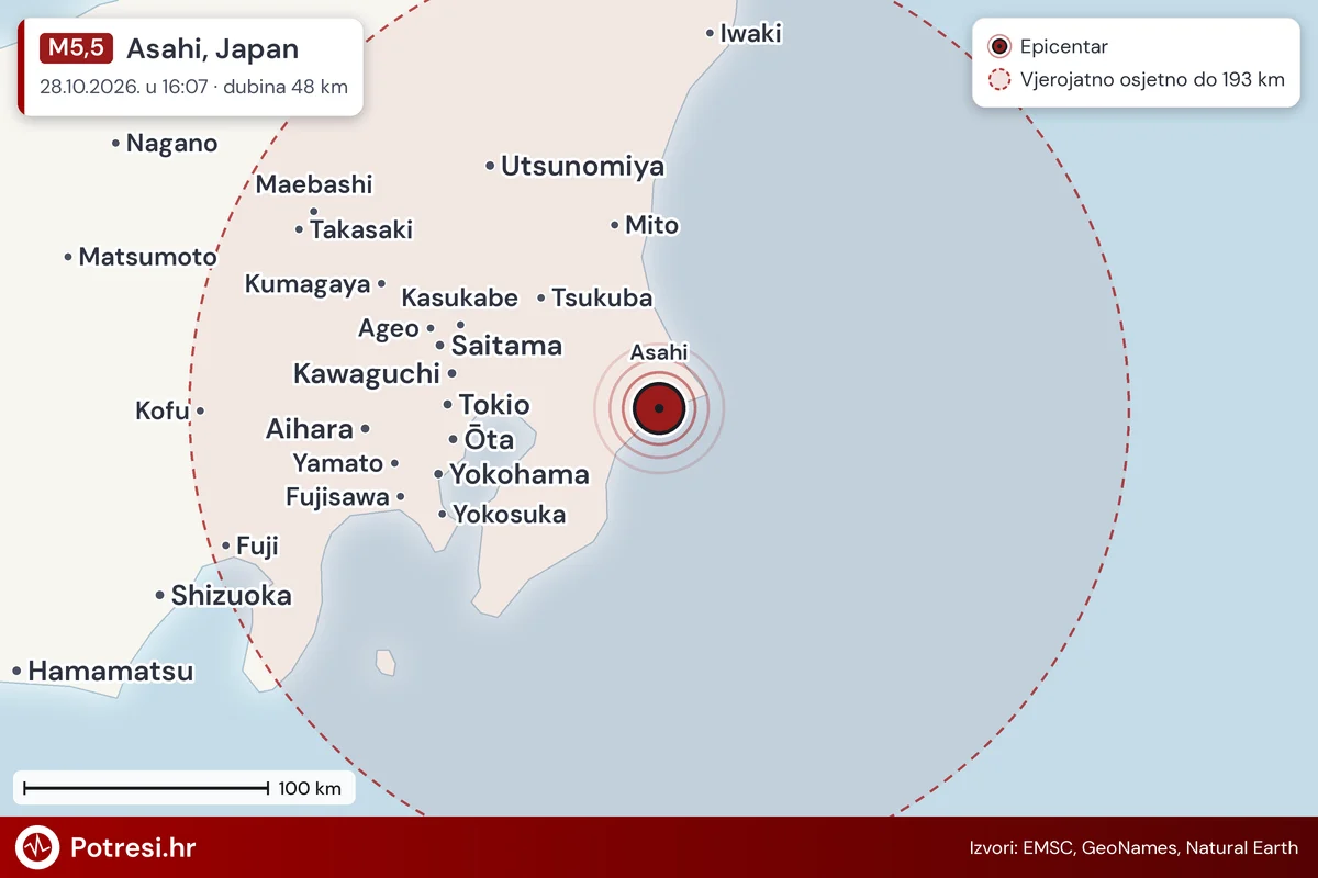 Karta: šire područje i vjerojatni doseg osjeta, potres M5,5, Asahi, Japan, 28.10.2026.