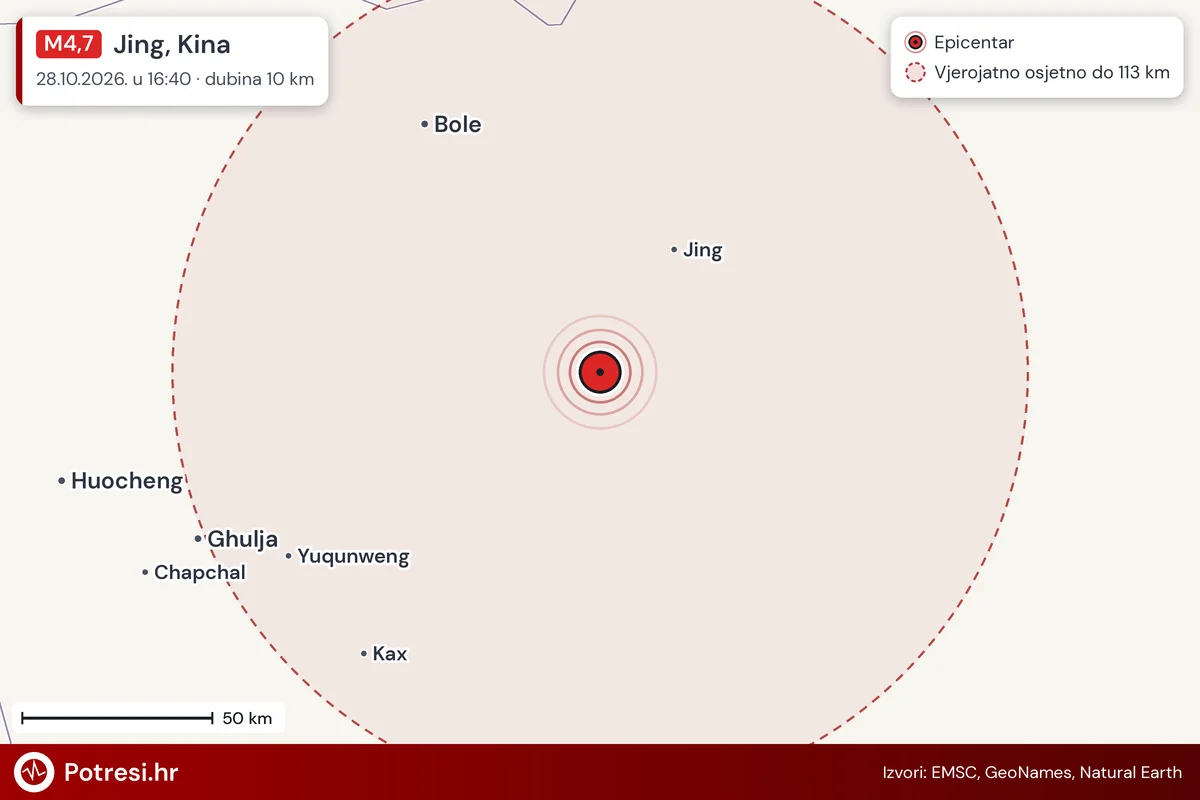 Karta: šire područje i vjerojatni doseg osjeta, potres M4,7, Jing, Kina, 28.10.2026.