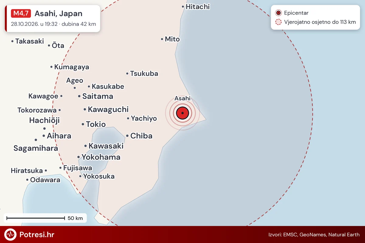 Karta: šire područje i vjerojatni doseg osjeta, potres M4,7, Asahi, Japan, 28.10.2026.
