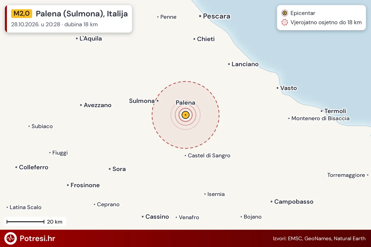 Karta: šire područje i vjerojatni doseg osjeta, potres M2,0, Palena (Sulmona), Italija, 28.10.2026.
