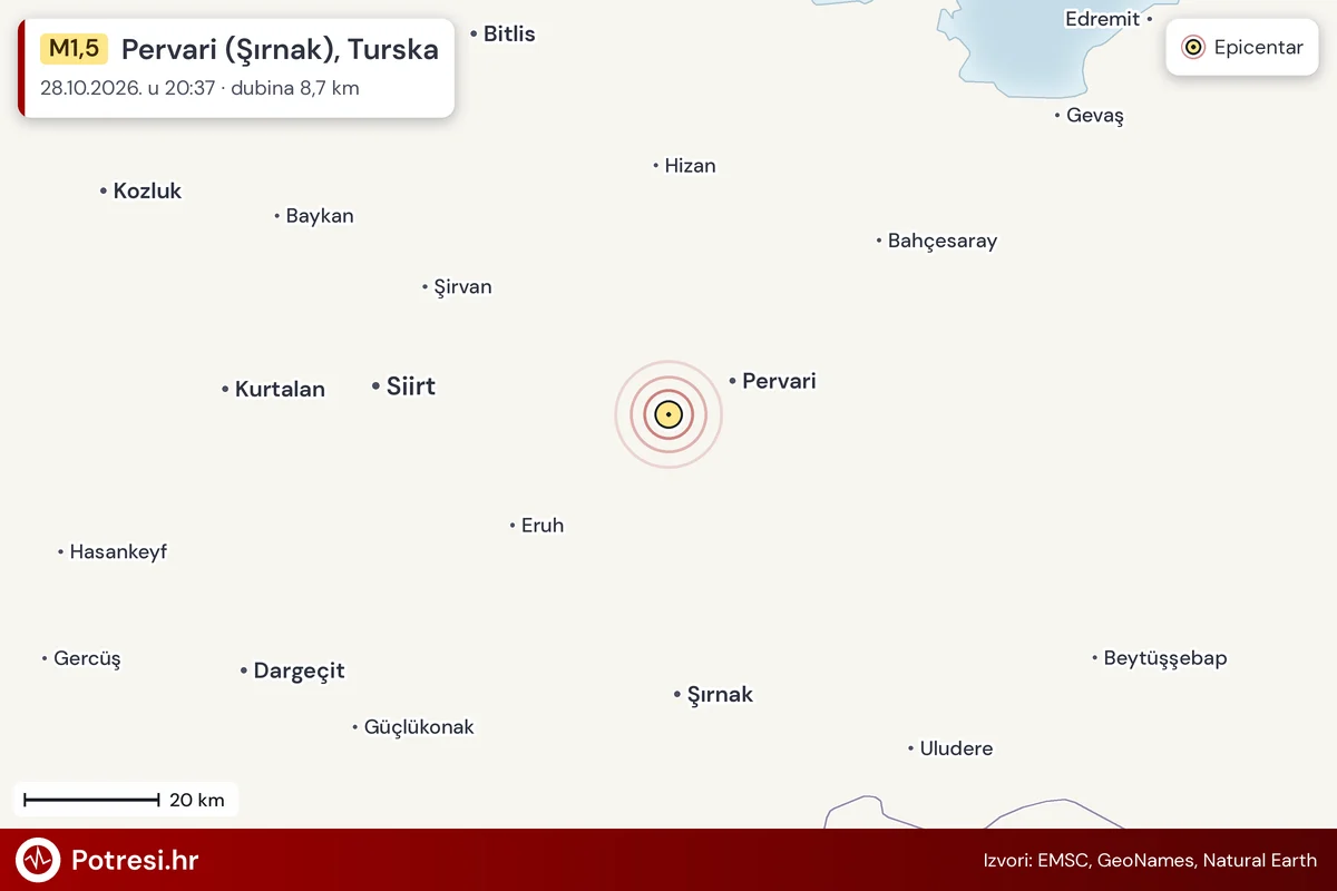 Karta: šire područje i vjerojatni doseg osjeta, potres M1,5, Pervari (Şırnak), Turska, 28.10.2026.