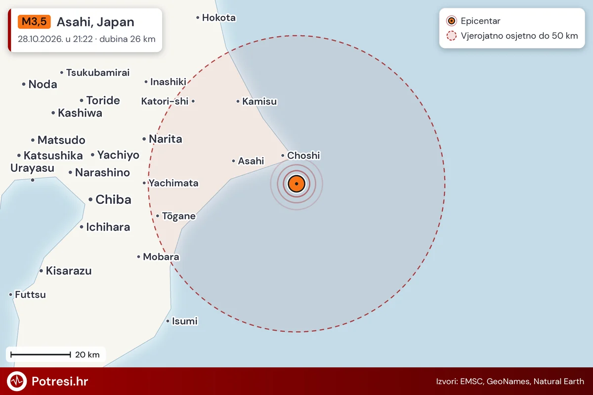 Karta: šire područje i vjerojatni doseg osjeta, potres M3,5, Asahi, Japan, 28.10.2026.