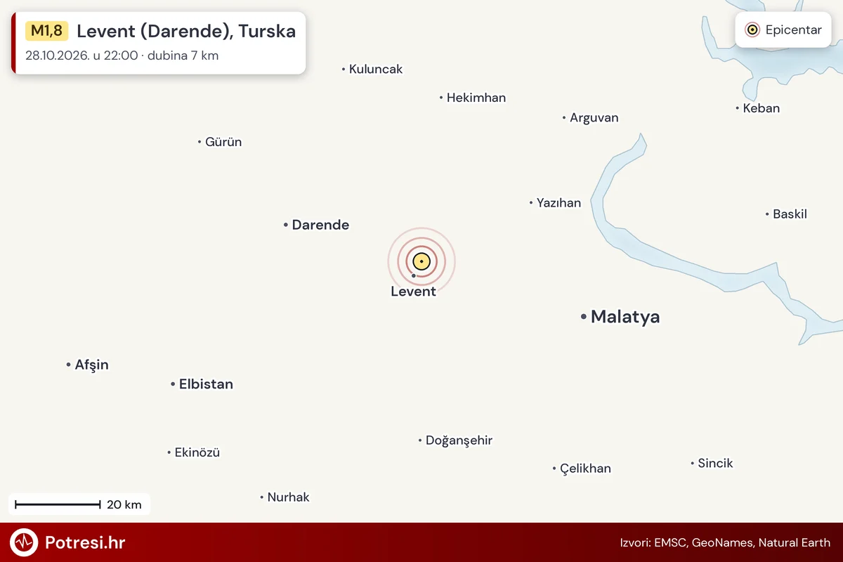 Karta: šire područje i vjerojatni doseg osjeta, potres M1,8, Levent (Darende), Turska, 28.10.2026.