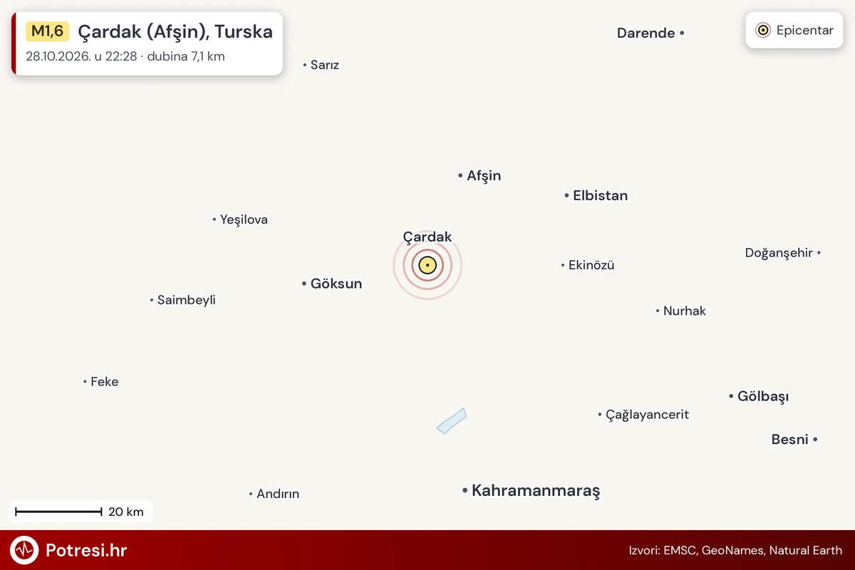 Karta: šire područje i vjerojatni doseg osjeta, potres M1,6, Çardak (Afşin), Turska, 28.10.2026.