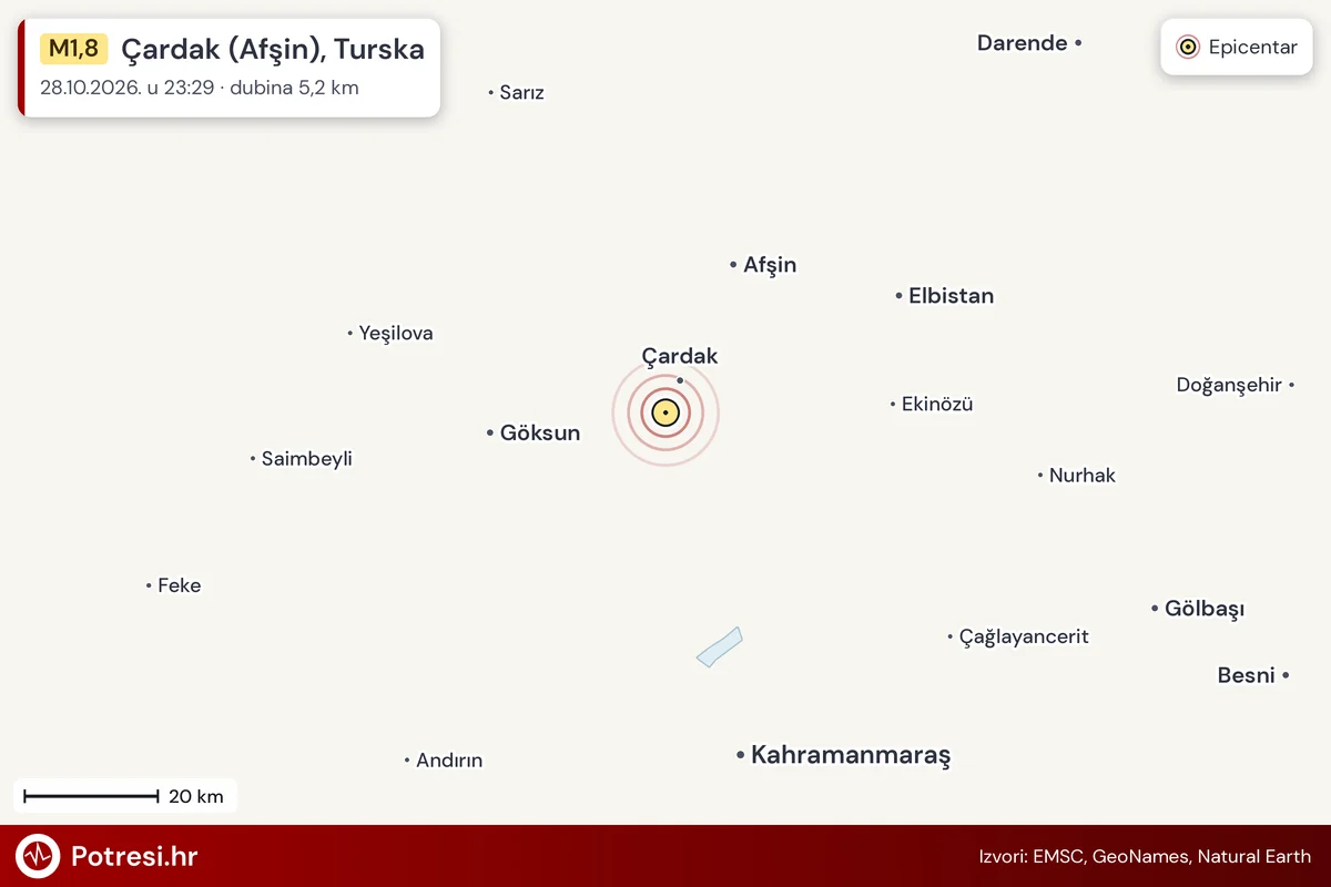Karta: šire područje i vjerojatni doseg osjeta, potres M1,8, Çardak (Afşin), Turska, 28.10.2026.