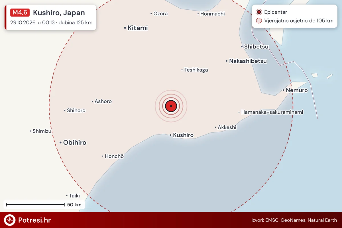 Karta: šire područje i vjerojatni doseg osjeta, potres M4,6, Kushiro, Japan, 29.10.2026.