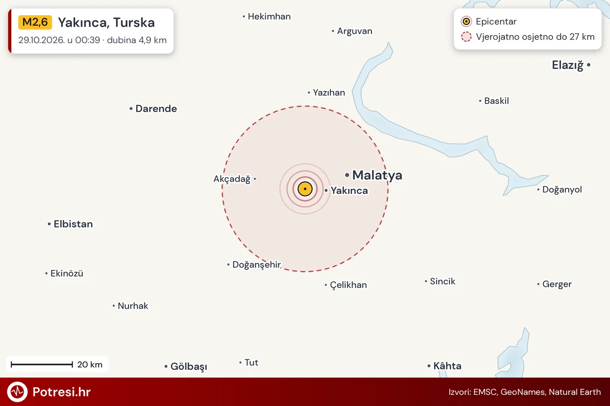 Karta: šire područje i vjerojatni doseg osjeta, potres M2,6, Yakınca, Turska, 29.10.2026.