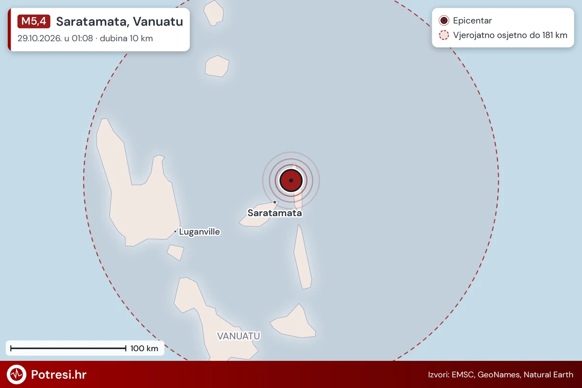 Karta: šire područje i vjerojatni doseg osjeta, potres M5,4, Saratamata, Vanuatu, 29.10.2026.