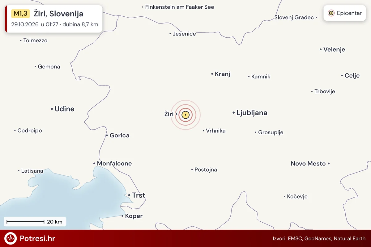 Karta: šire područje i vjerojatni doseg osjeta, potres M1,3, Žiri, Slovenija, 29.10.2026.