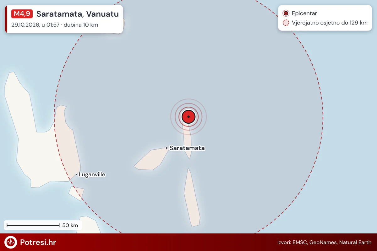 Karta: šire područje i vjerojatni doseg osjeta, potres M4,9, Saratamata, Vanuatu, 29.10.2026.