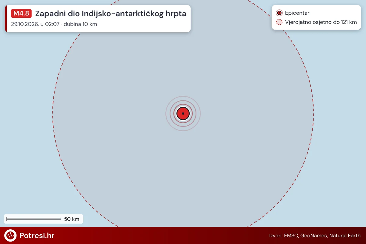 Karta: šire područje i vjerojatni doseg osjeta, potres M4,8, Zapadni dio Indijsko-antarktičkog hrpta, 29.10.2026.