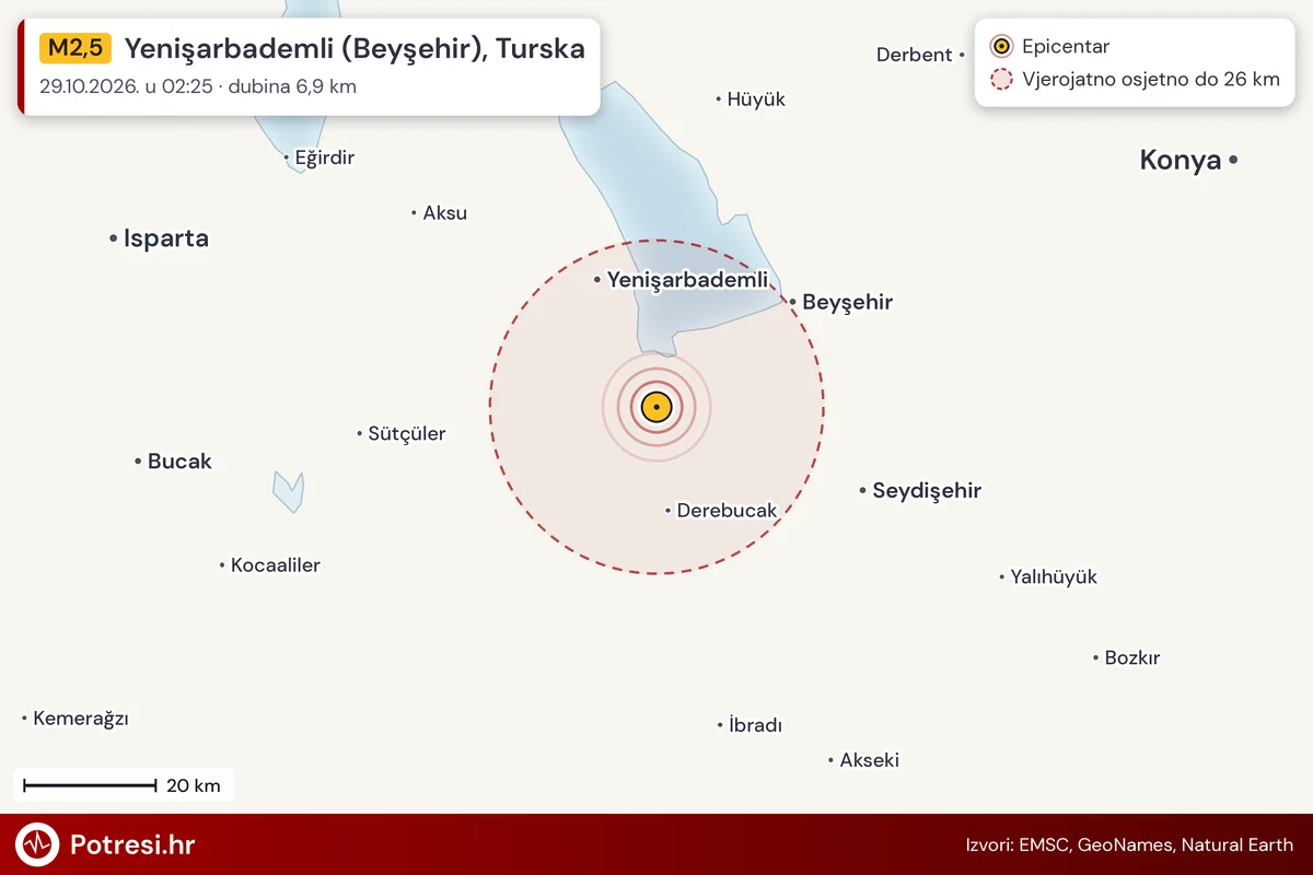 Karta: šire područje i vjerojatni doseg osjeta, potres M2,5, Yenişarbademli (Beyşehir), Turska, 29.10.2026.
