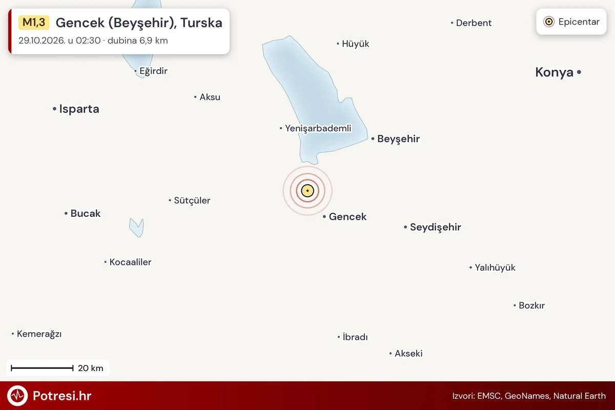 Karta: šire područje i vjerojatni doseg osjeta, potres M1,3, Gencek (Beyşehir), Turska, 29.10.2026.