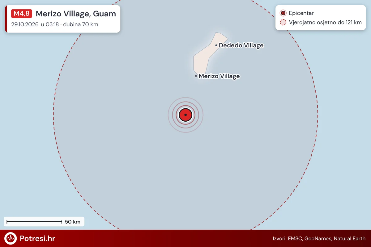 Karta: šire područje i vjerojatni doseg osjeta, potres M4,8, Merizo Village, Guam, 29.10.2026.