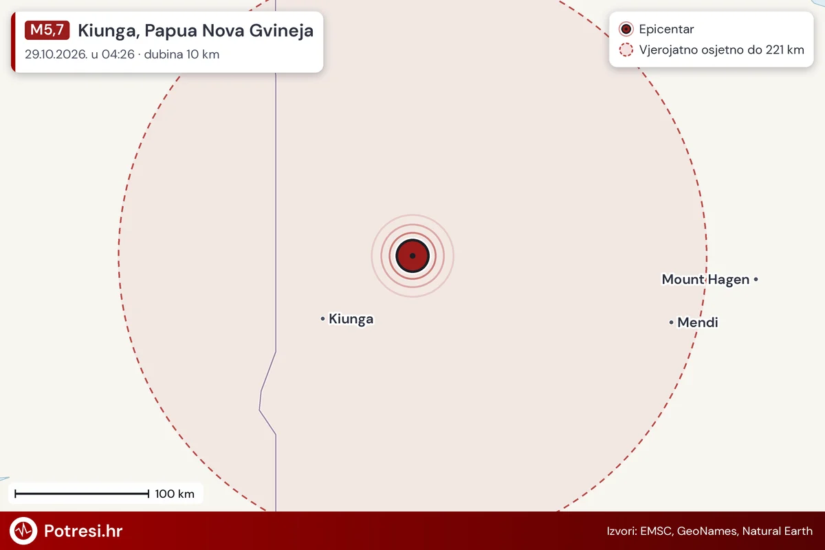 Karta: šire područje i vjerojatni doseg osjeta, potres M5,7, Kiunga, Papua Nova Gvineja, 29.10.2026.