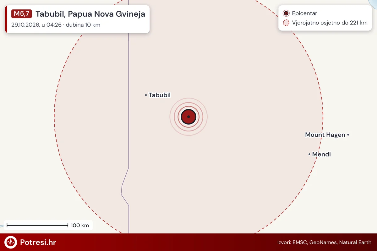 Karta: šire područje i vjerojatni doseg osjeta, potres M5,7, Tabubil, Papua Nova Gvineja, 29.10.2026.