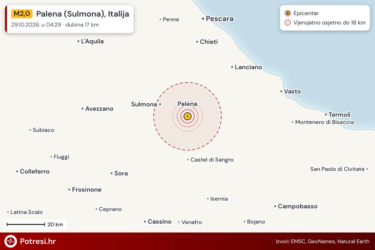Karta: šire područje i vjerojatni doseg osjeta, potres M2,0, Palena (Sulmona), Italija, 29.10.2026.