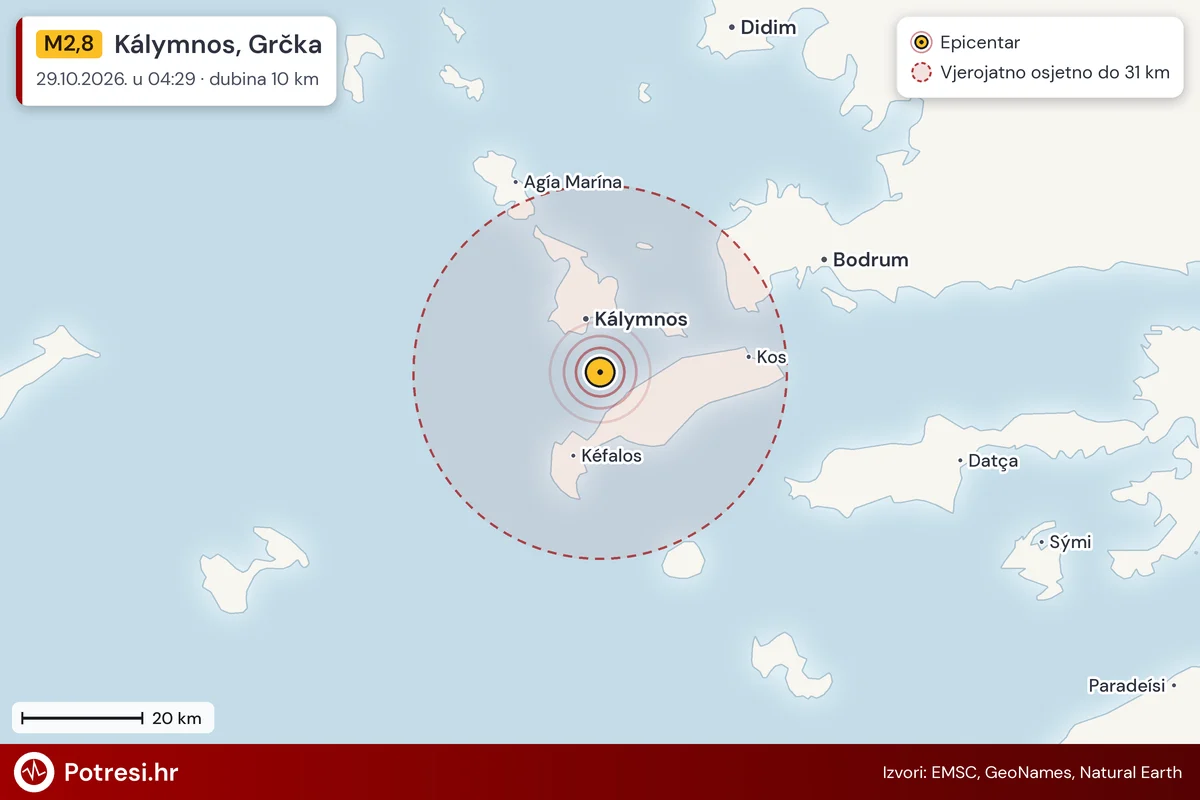 Karta: šire područje i vjerojatni doseg osjeta, potres M2,8, Kálymnos, Grčka, 29.10.2026.