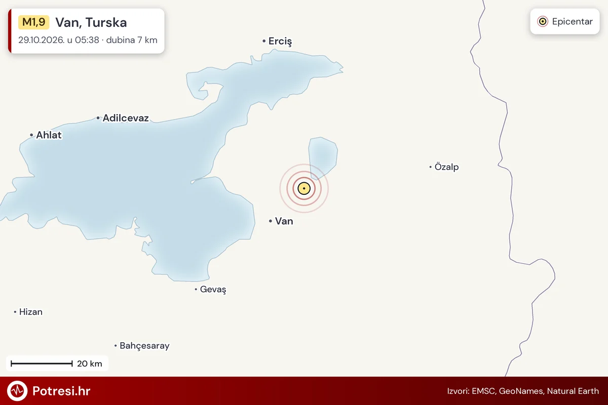 Karta: šire područje i vjerojatni doseg osjeta, potres M1,9, Van, Turska, 29.10.2026.