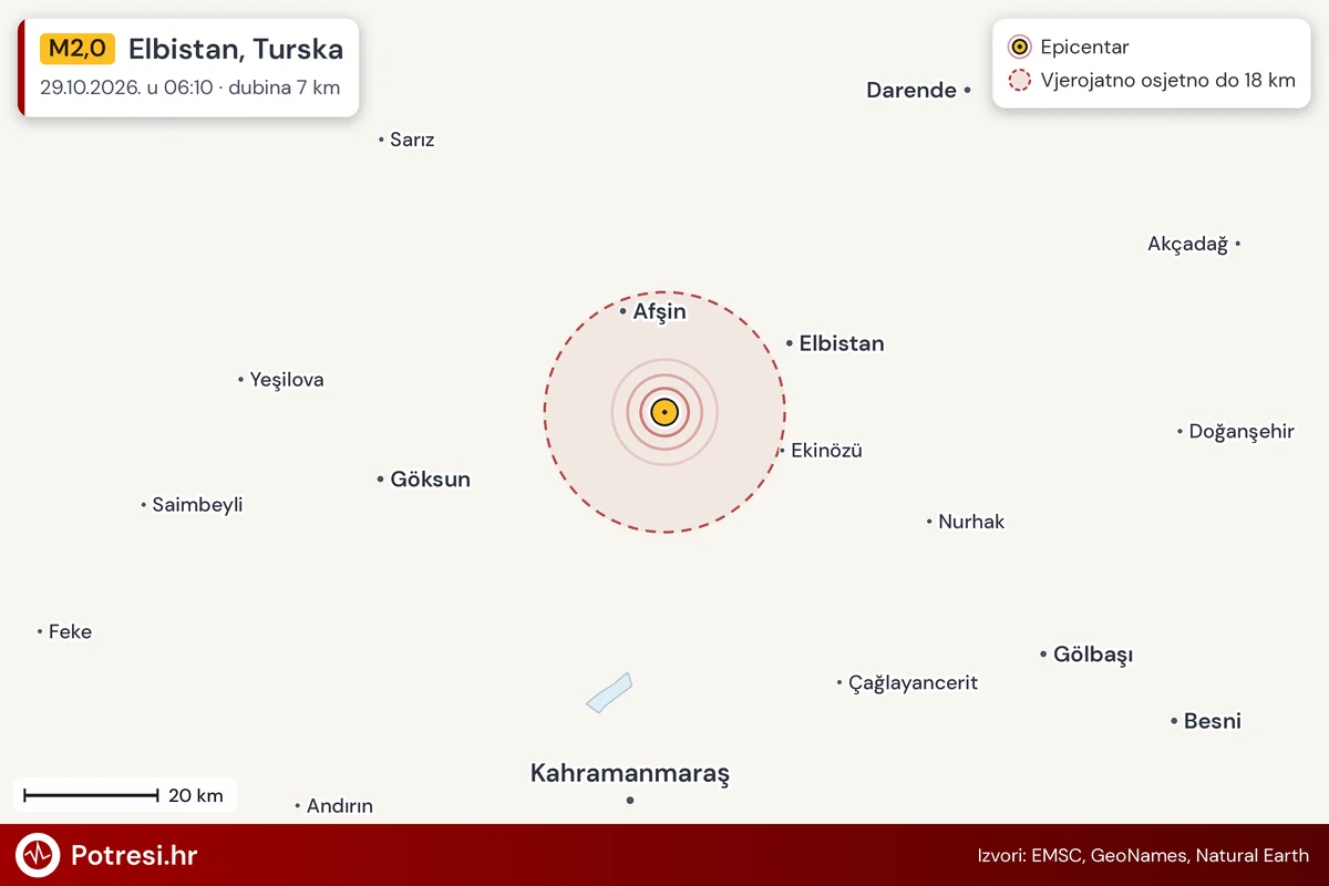 Karta: šire područje i vjerojatni doseg osjeta, potres M2,0, Elbistan, Turska, 29.10.2026.