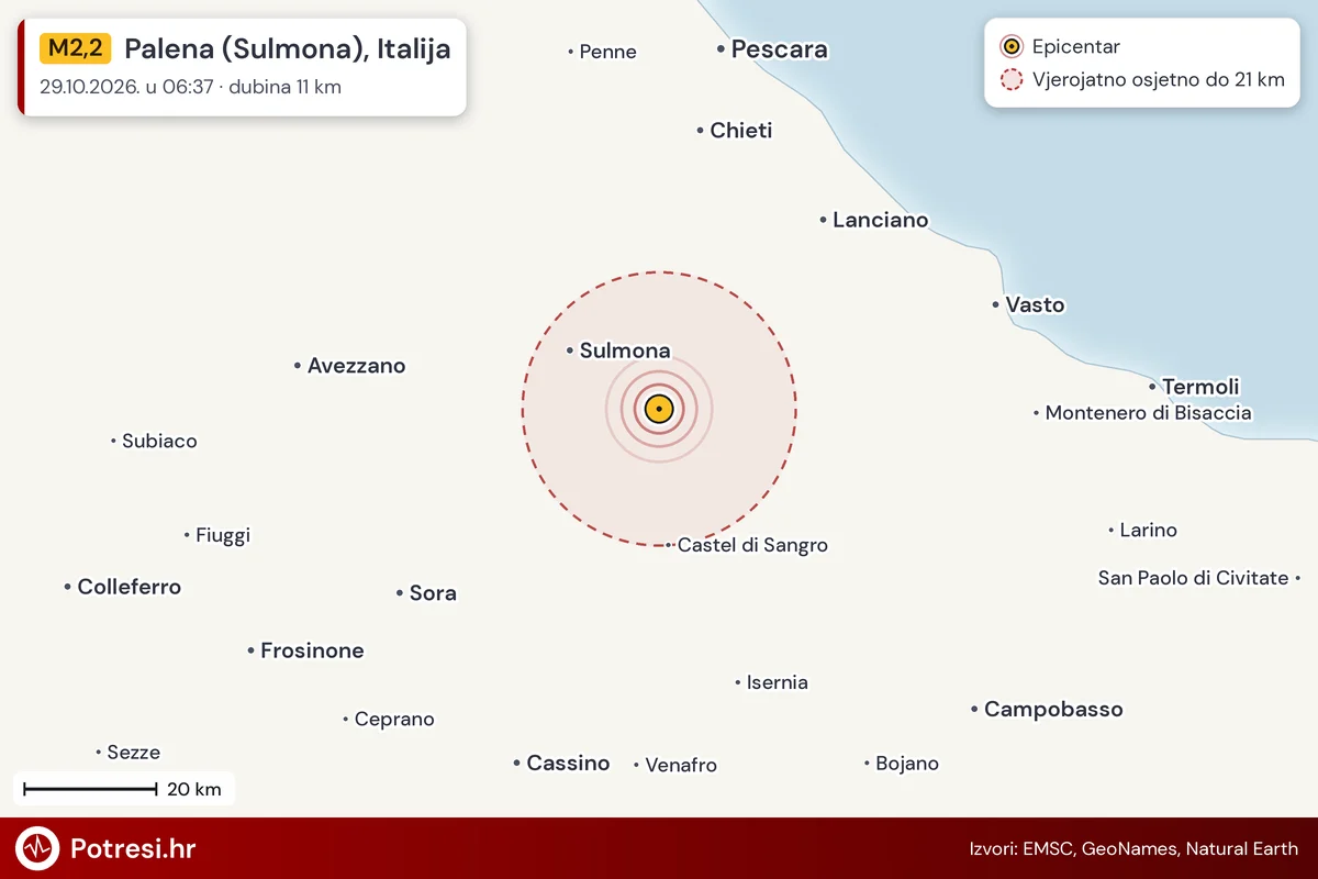 Karta: šire područje i vjerojatni doseg osjeta, potres M2,2, Palena (Sulmona), Italija, 29.10.2026.