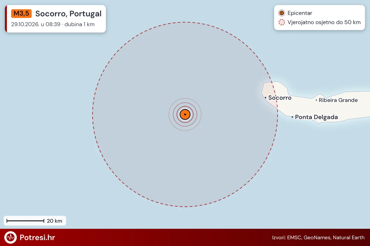 Karta: šire područje i vjerojatni doseg osjeta, potres M3,5, Socorro, Portugal, 29.10.2026.