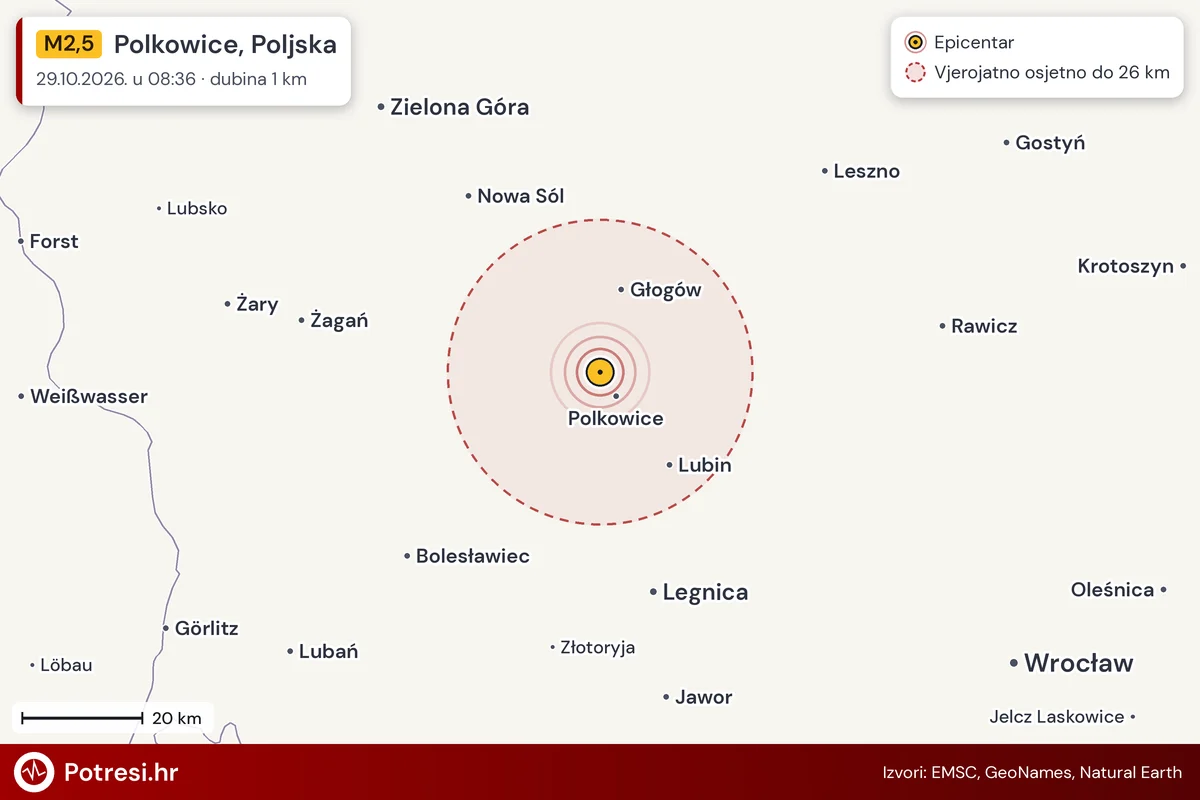 Karta: šire područje i vjerojatni doseg osjeta, potres M2,5, Polkowice, Poljska, 29.10.2026.