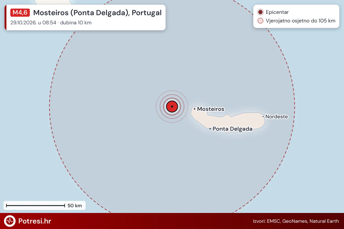 Karta: šire područje i vjerojatni doseg osjeta, potres M4,6, Mosteiros (Ponta Delgada), Portugal, 29.10.2026.