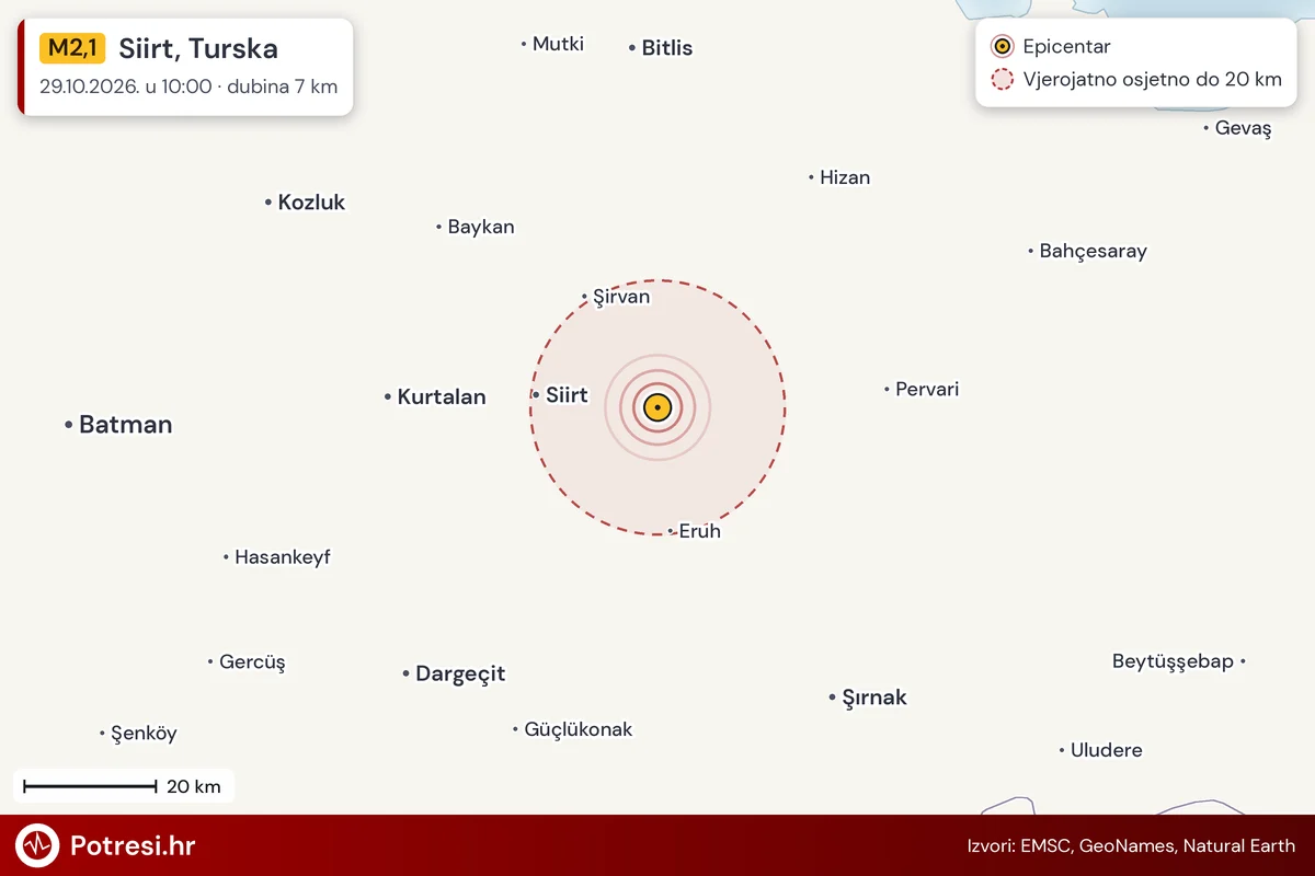 Karta: šire područje i vjerojatni doseg osjeta, potres M2,1, Siirt, Turska, 29.10.2026.