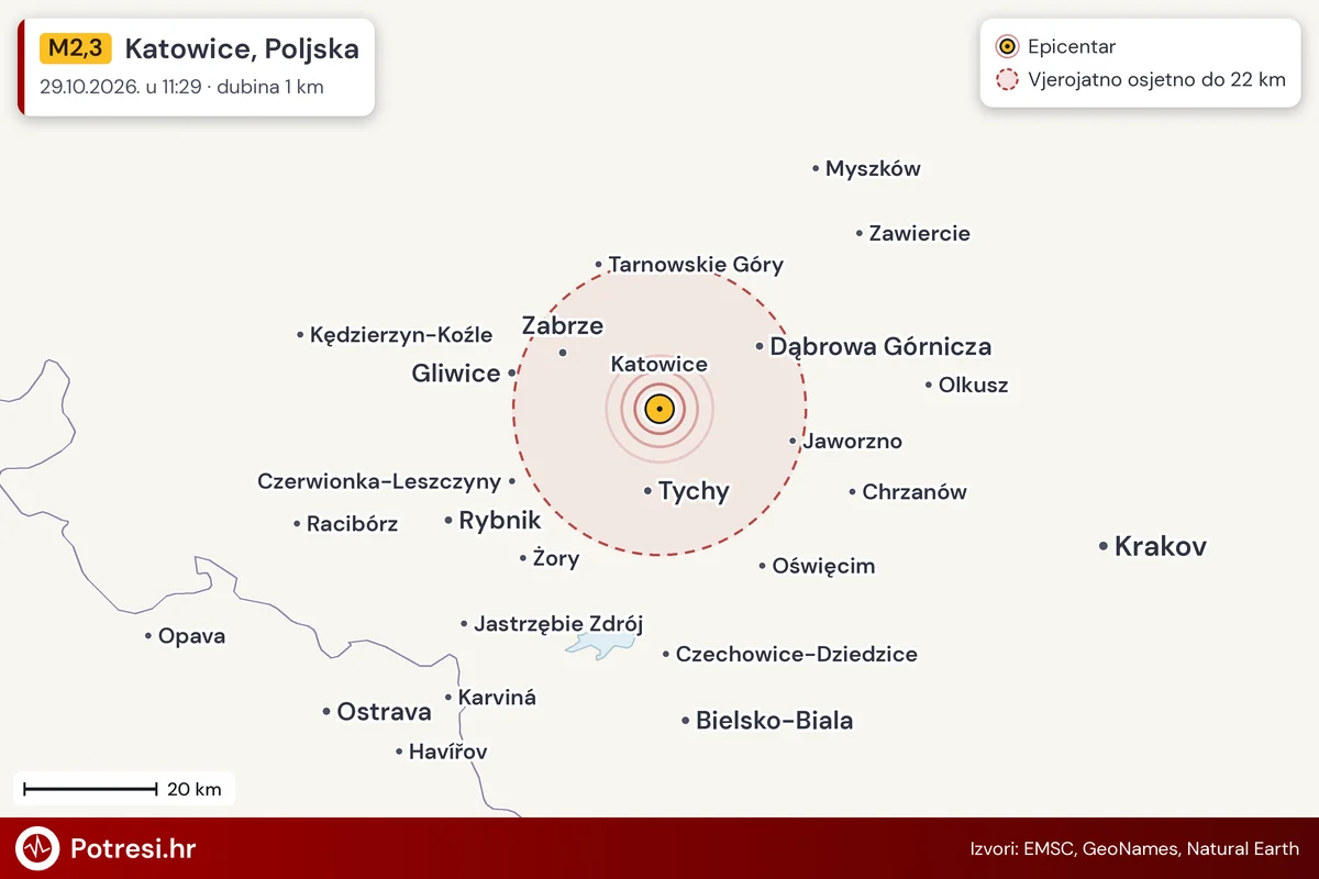 Karta: šire područje i vjerojatni doseg osjeta, potres M2,3, Katowice, Poljska, 29.10.2026.