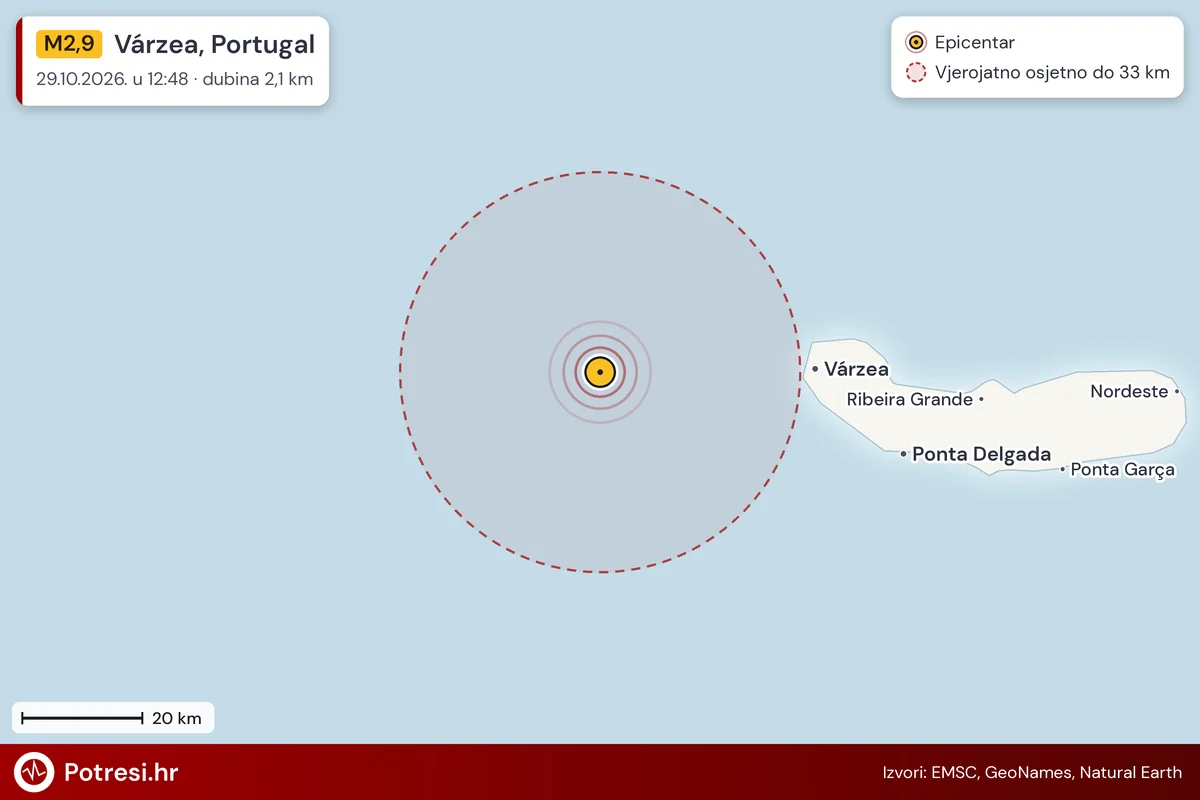 Karta: šire područje i vjerojatni doseg osjeta, potres M2,9, Várzea, Portugal, 29.10.2026.