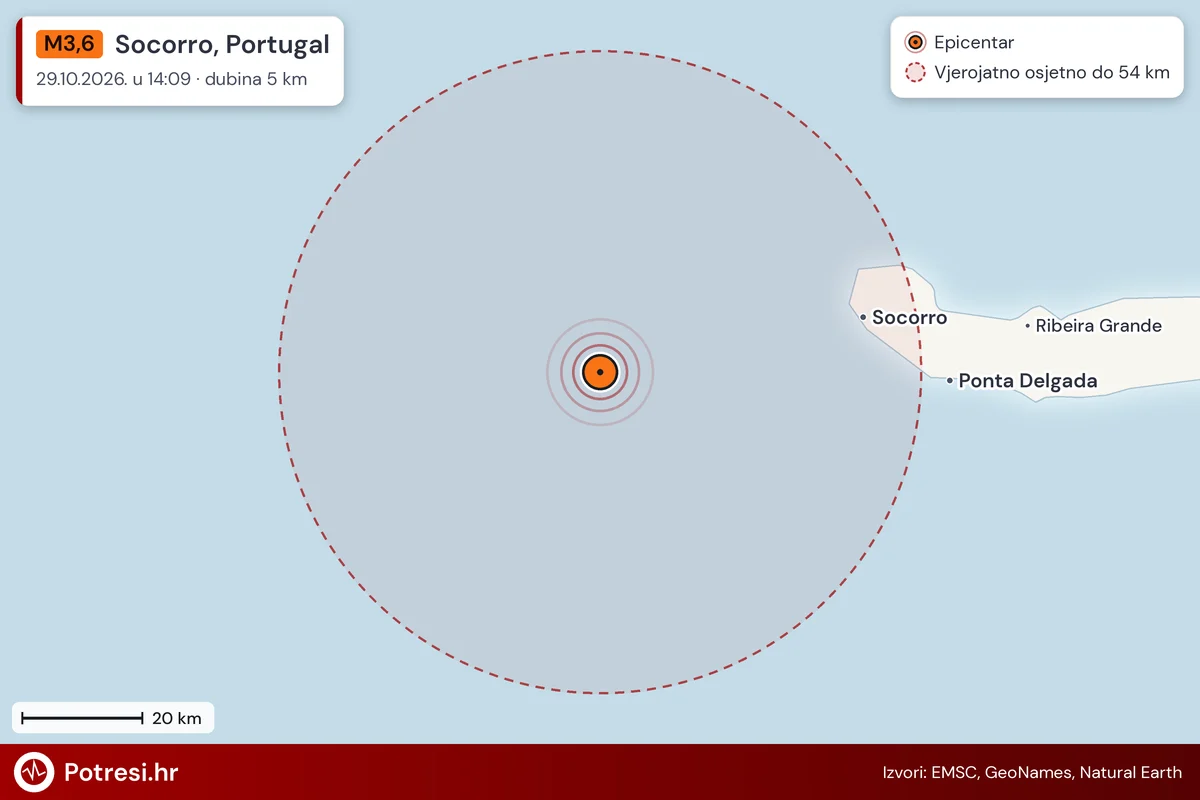 Karta: šire područje i vjerojatni doseg osjeta, potres M3,6, Socorro, Portugal, 29.10.2026.