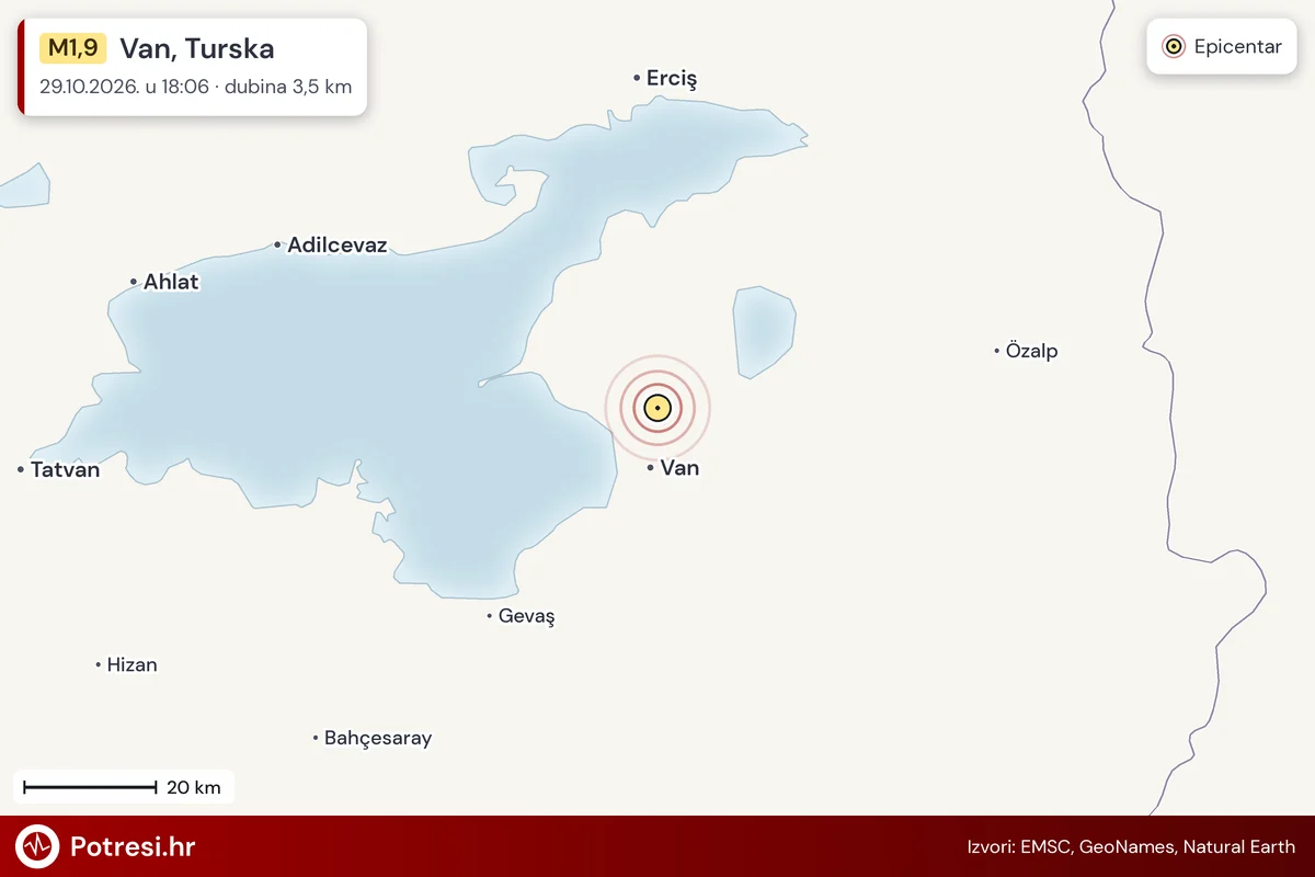 Karta: šire područje i vjerojatni doseg osjeta, potres M1,9, Van, Turska, 29.10.2026.
