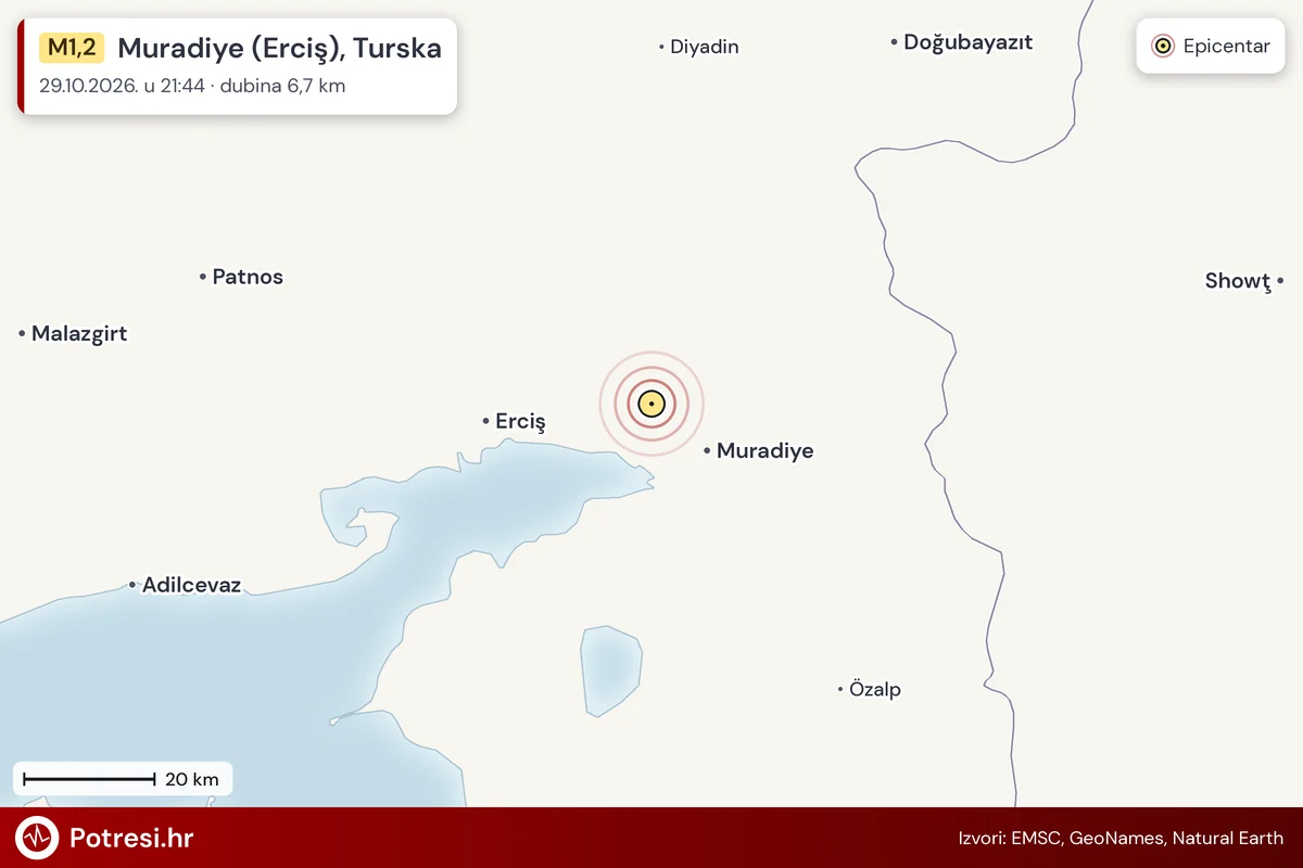 Karta: šire područje i vjerojatni doseg osjeta, potres M1,2, Muradiye (Erciş), Turska, 29.10.2026.