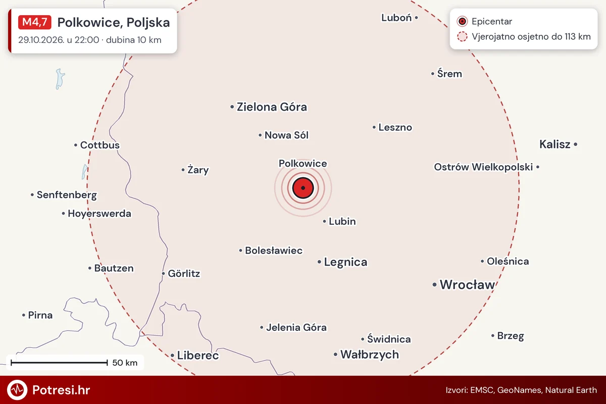 Karta: šire područje i vjerojatni doseg osjeta, potres M4,7, Polkowice, Poljska, 29.10.2026.