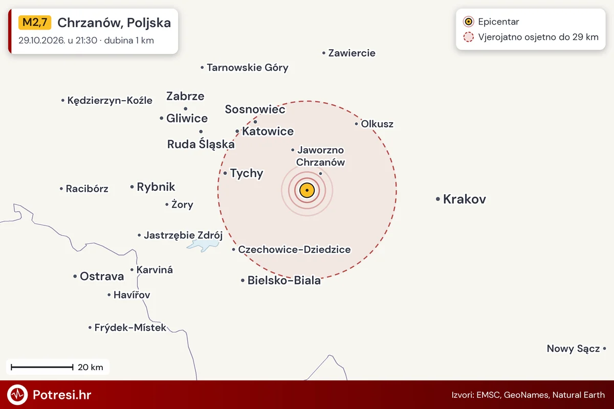 Karta: šire područje i vjerojatni doseg osjeta, potres M2,7, Chrzanów, Poljska, 29.10.2026.