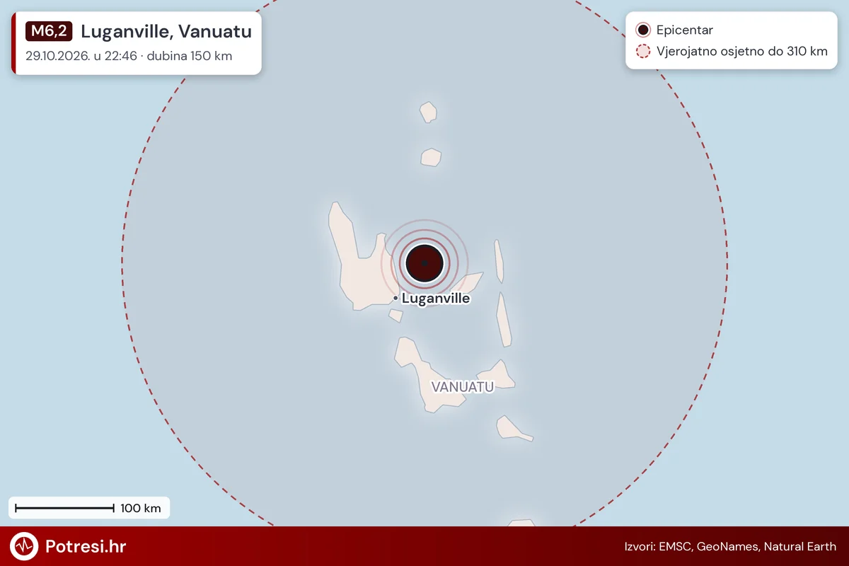 Karta: šire područje i vjerojatni doseg osjeta, potres M6,2, Luganville, Vanuatu, 29.10.2026.