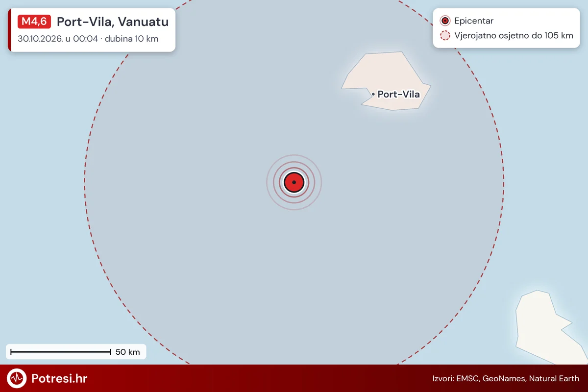 Karta: šire područje i vjerojatni doseg osjeta, potres M4,6, Port-Vila, Vanuatu, 30.10.2026.