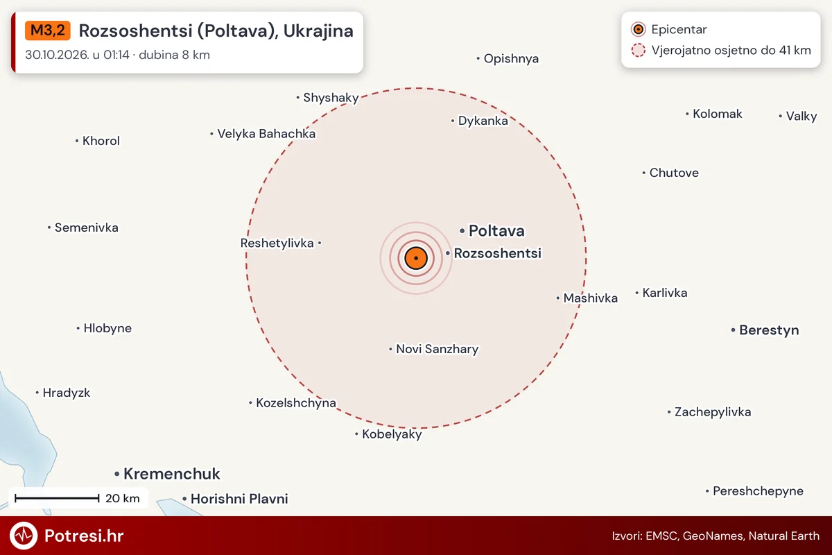 Karta: šire područje i vjerojatni doseg osjeta, potres M3,2, Rozsoshentsi (Poltava), Ukrajina, 30.10.2026.