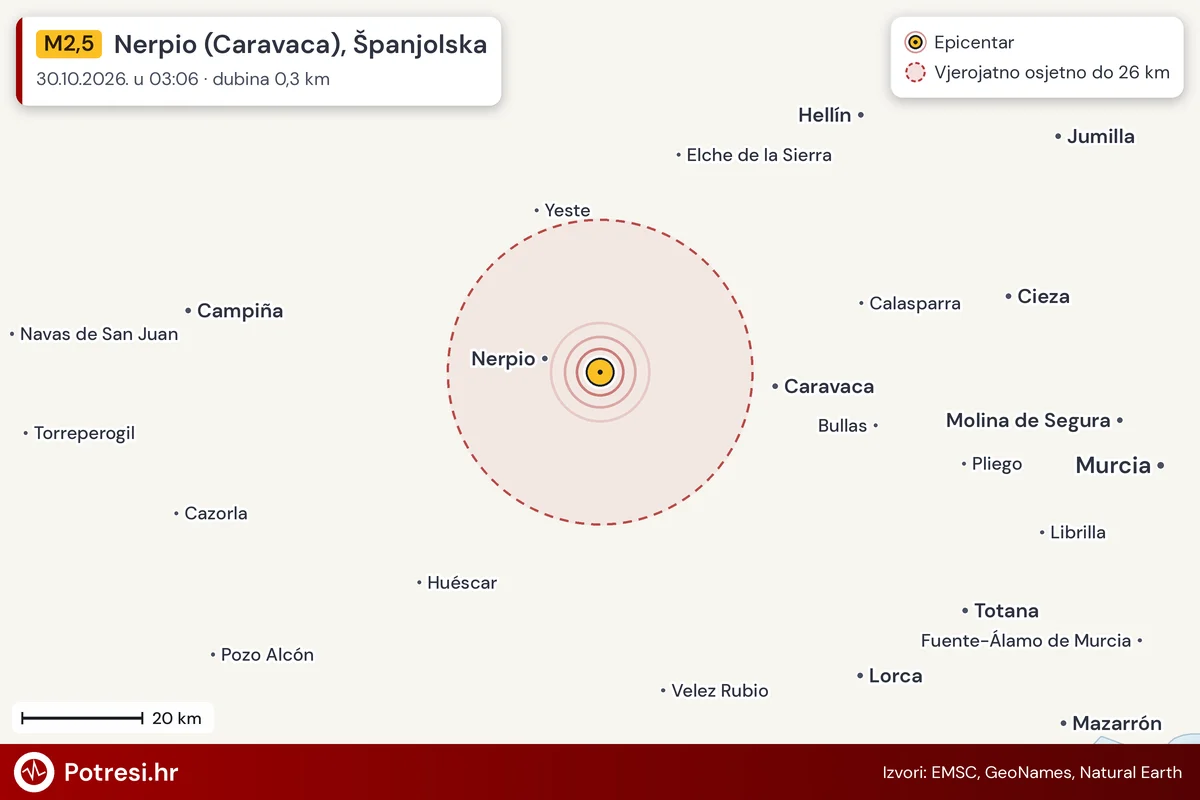 Karta: šire područje i vjerojatni doseg osjeta, potres M2,5, Nerpio (Caravaca), Španjolska, 30.10.2026.