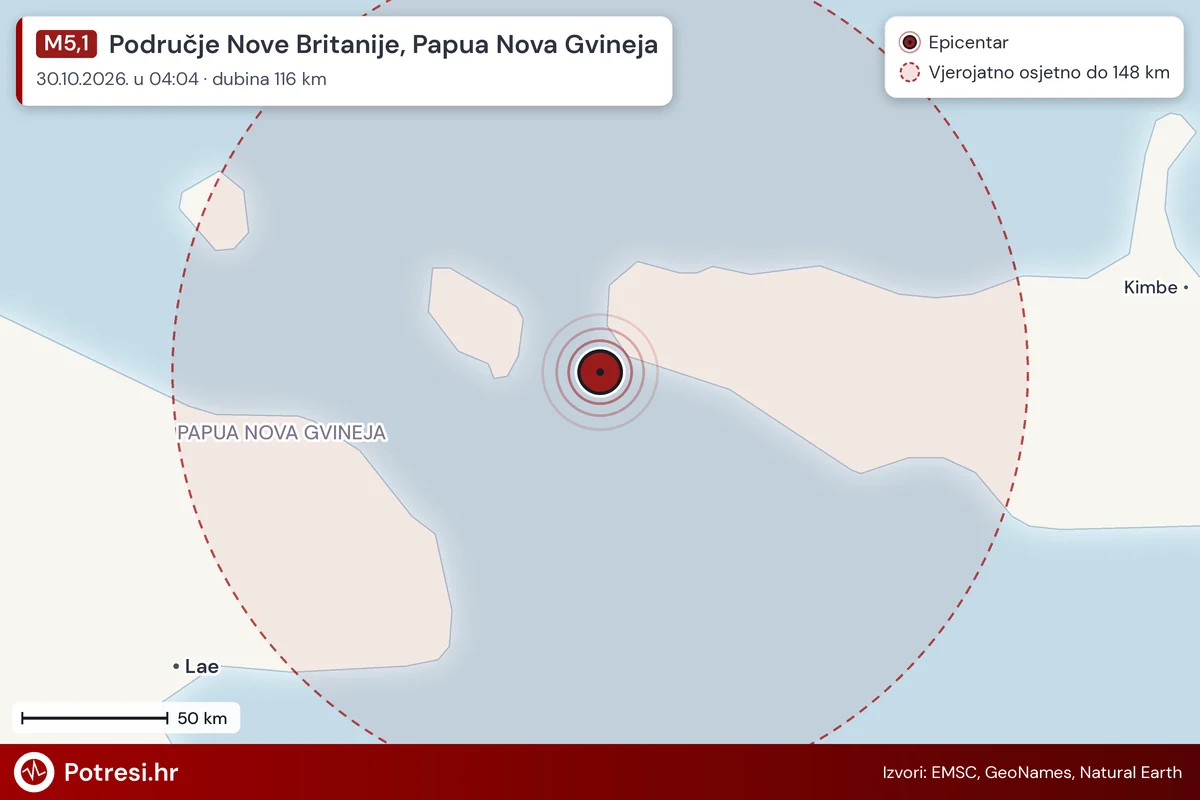 Karta: šire područje i vjerojatni doseg osjeta, potres M5,1, Područje Nove Britanije, Papua Nova Gvineja, 30.10.2026.